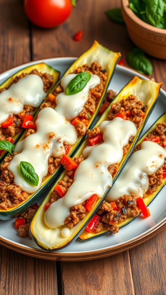 Stuffed zucchini boats filled with ground meat and cheese, garnished with basil on a rustic table.